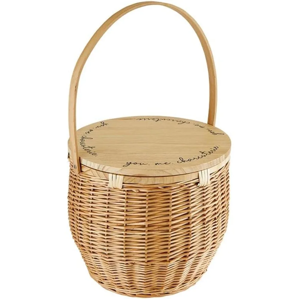 Picnic Baskets Fully Insulated Large Wicker Basket with Wood Tabletop Lid and Handle, 15