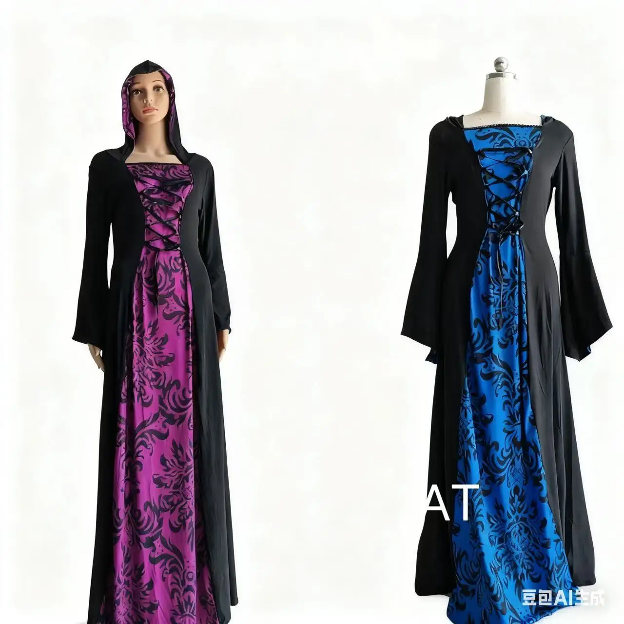 أزياء الهالوين فستان ويكا الساحرة في القرون الوسطى للنساء البالغات مقاس كبير بقلنسوة على الطراز القوطي مطبوع فستان ماكسي عصر النهضة الفيكتوري