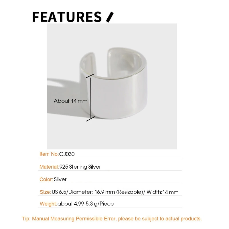 F.I.N.S S925 Sterling Silver Rings for Ladies Minimalism Glossy Open Ring Wide Simple Finger Ring Silver 925 Women\'s Decoration