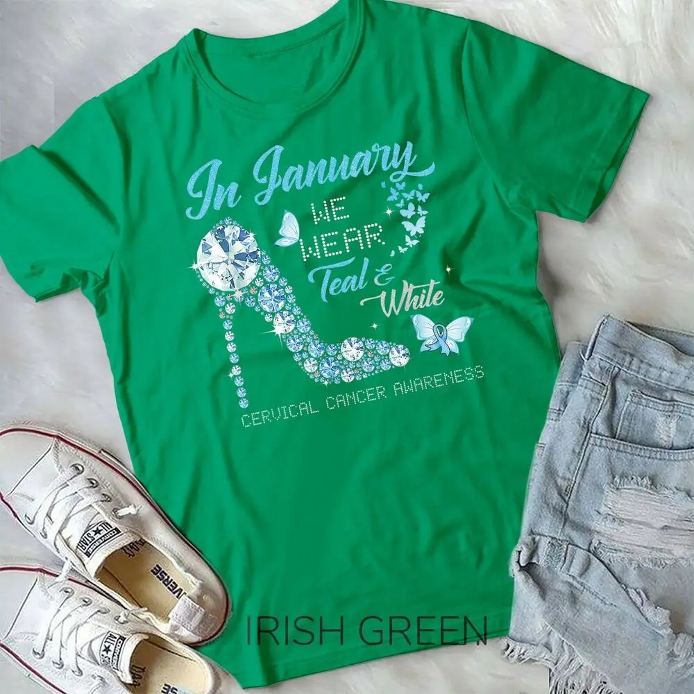 January teal and white High Heel Cervical Cancer Awareness Unisex Youth T-shirt