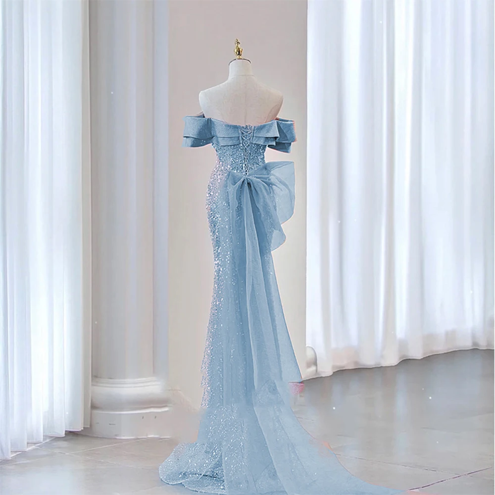 14643 # IENA Gaun Malam Putri Duyung Biru Bayi Gaun Pesta Prom Elegan Manik-manik Bahu Terbuka Gaun Acara Formal Vestido De Gala