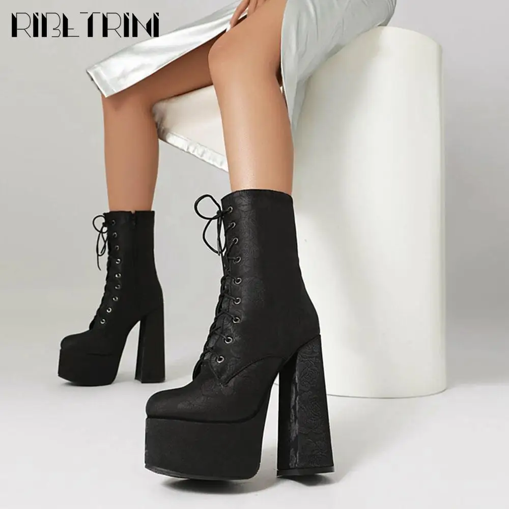 2024 New Winter Women Ankle Boots Chunky High Heels Lace Up Zip Platform Shoes Luxury Elegant Fashion Design Boots For Woman