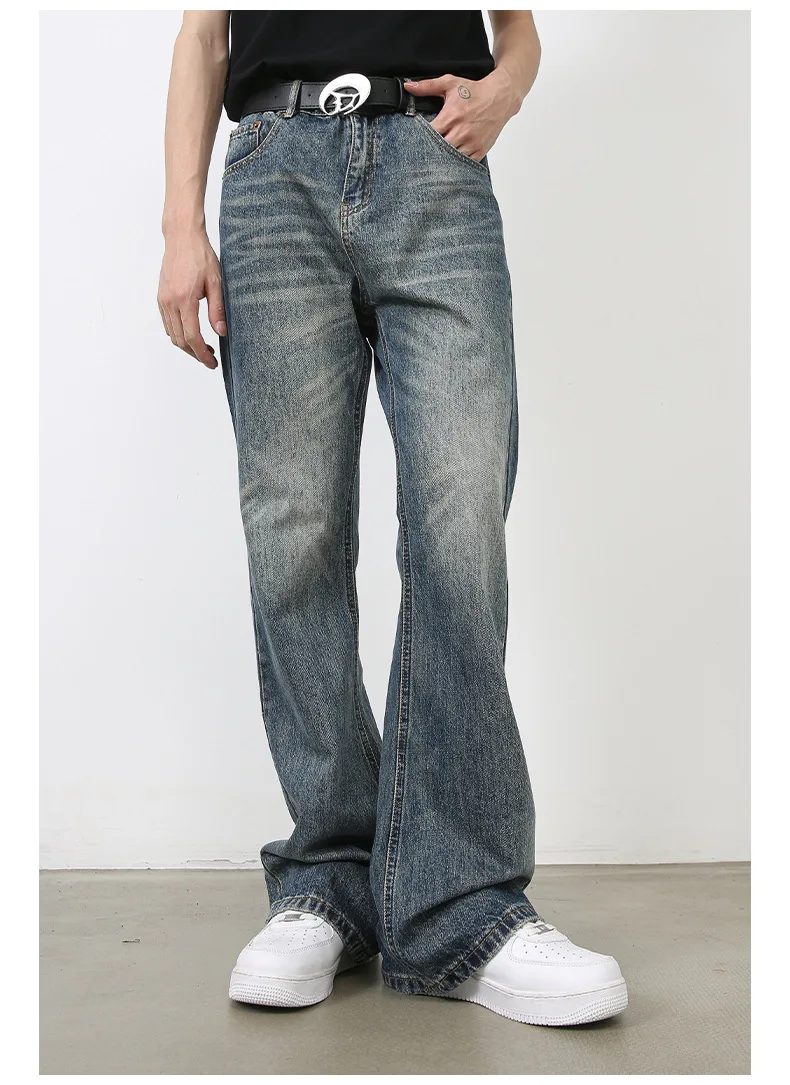 American Style Fashion Men's Retro Blue Solid Color Washed Casual Trendy Straight Denim Trousers Male Simple Basic Jeans Pants