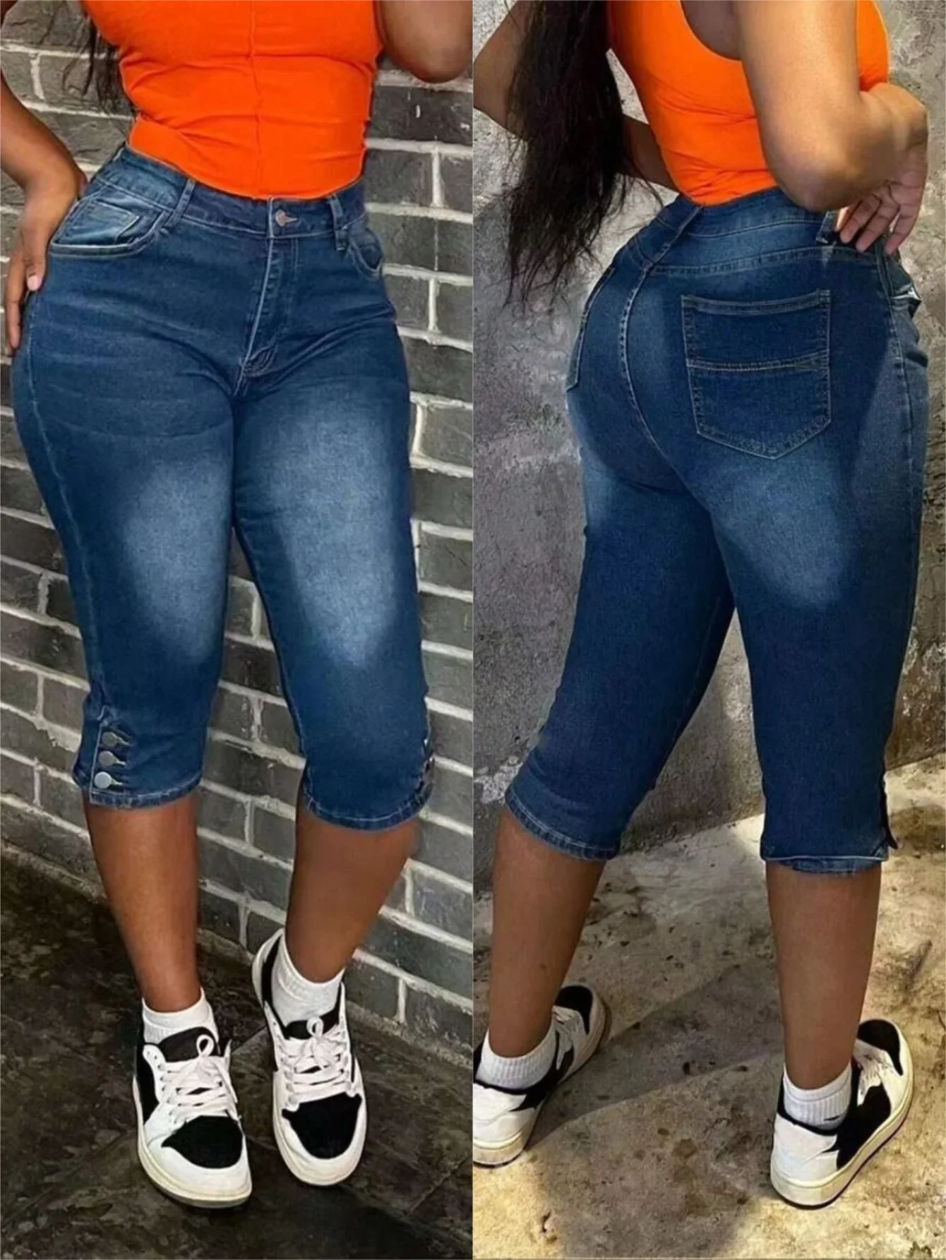 

Женские элегантные темно-синие узкие укороченные джинсы больших размеров с высокой талией