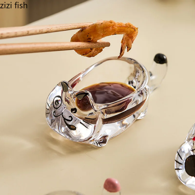 Cat Crystal Glass Seasoning Dish Dipping Saucer Sauce Dishes Chopstick Holder Soy Sauce Vinegar Dish Spice Dishes Spice Bowl