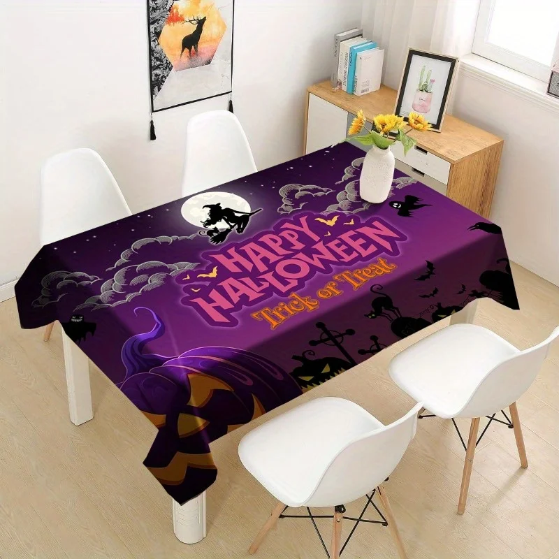 Jit 1 piece Halloween tablecloth purple gradual change background witch horror cat and graveyard theme, kitchen table decoration