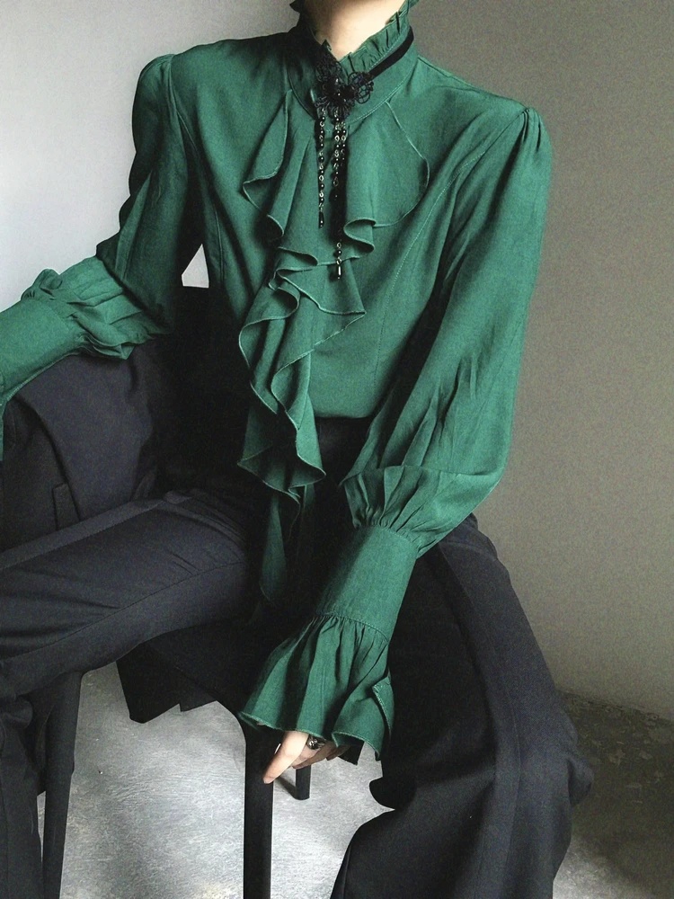 

Ретро Court Sle een irt с пышными песками и дизайном ex Long Sve Button up Casual Polyester Blend irt