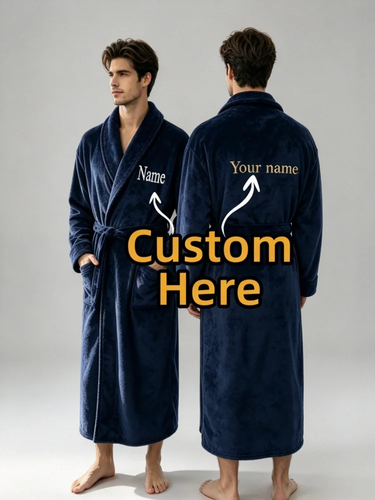 Custom Embroidered Name Unisex Robe Couple Plush Bathrobe Flannel Long Sleeves Sleepwear Personalized Gift Festival Party Gift