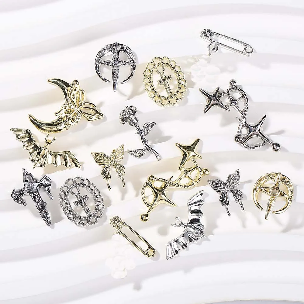 10pcs Zircon Nail Art Charm 3D Gold/Silver Bohemian Cross Evil Butterfly Bat Pentagram Nail Decoration DIY Nail Alloy Jewelry