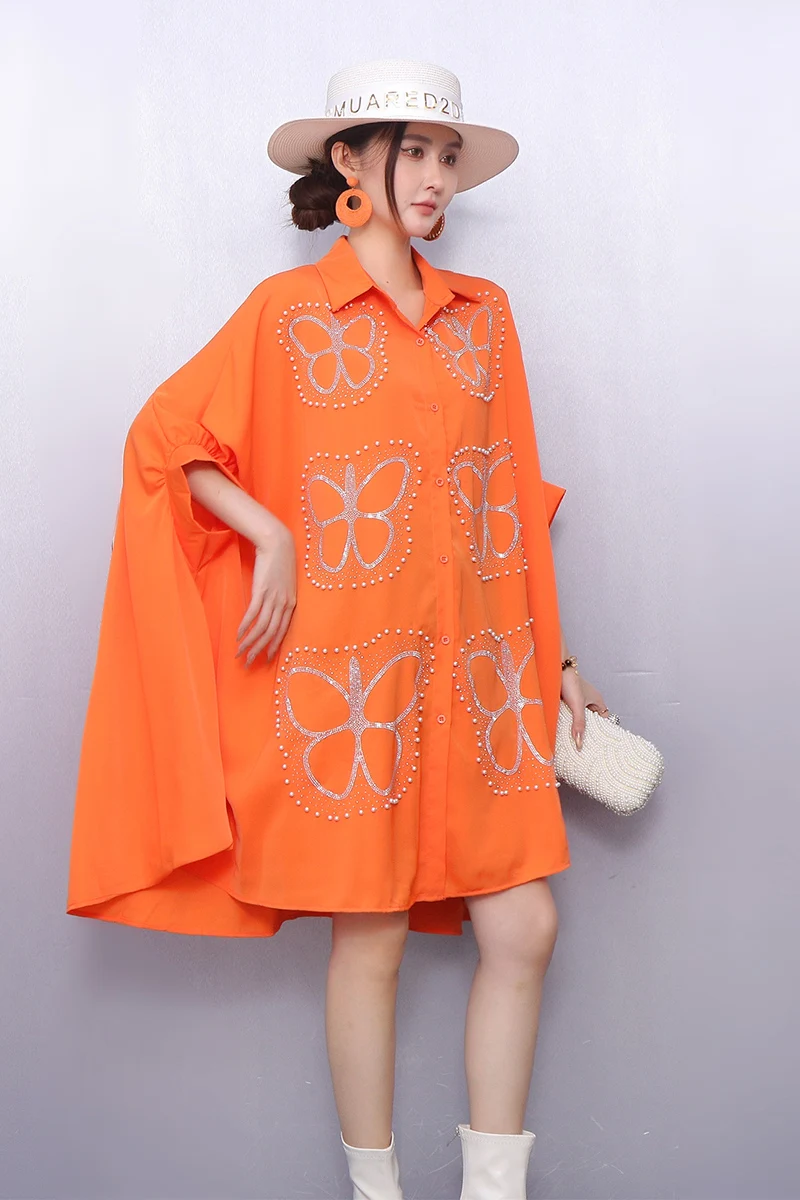 2025 Autumn Winter Elegant Women Casual Loose Butterfly Embroidered Cloak Shirts Short Dresses Female Dress Wholesale J2119