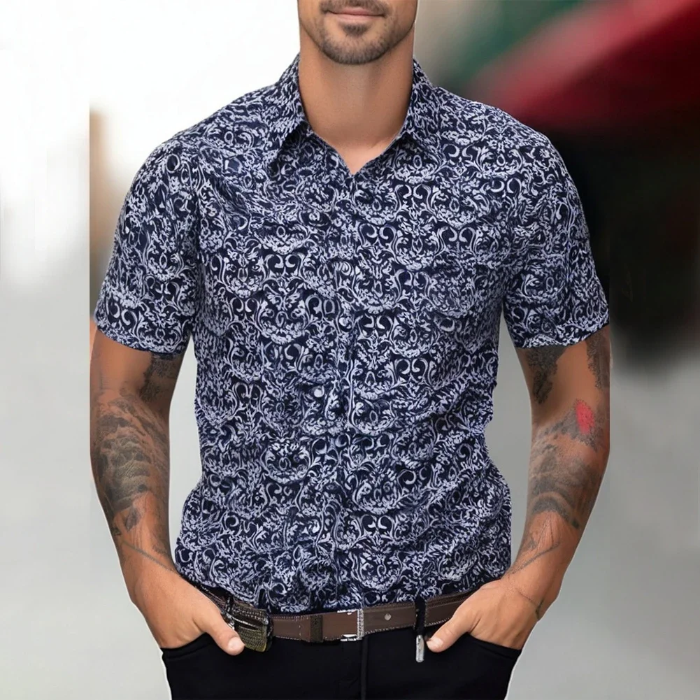 Camisa de uso diario para hombre, camisa Regular estampada de manga larga con solapa para vacaciones y Fitness de otoño, cuello de banda, moda informal, novedad