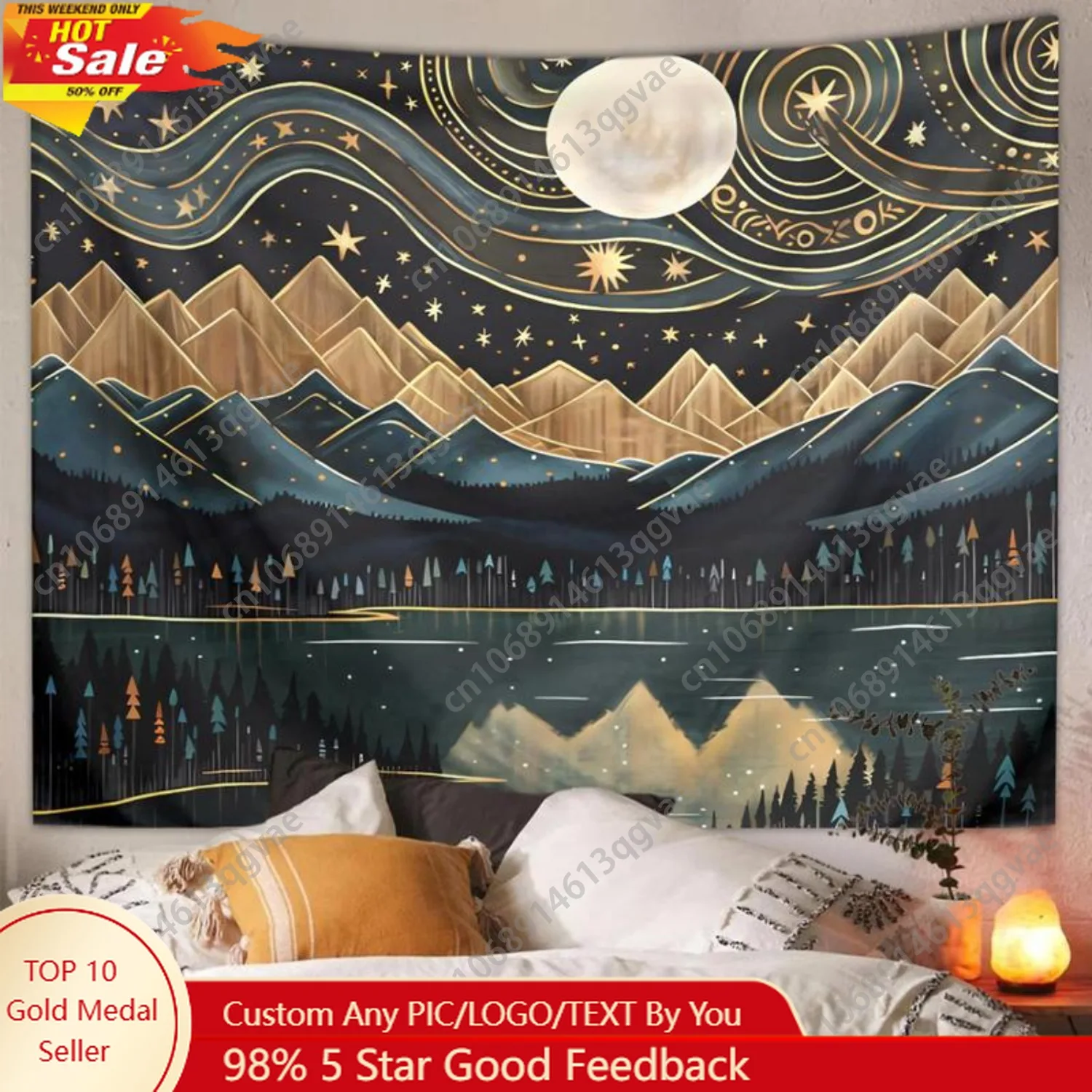 

Bohemian Style Mountain & Moon & River Pattern Tapestry Creative Wall Hanging Blanket Wall Art for Home Living Custom Decoration