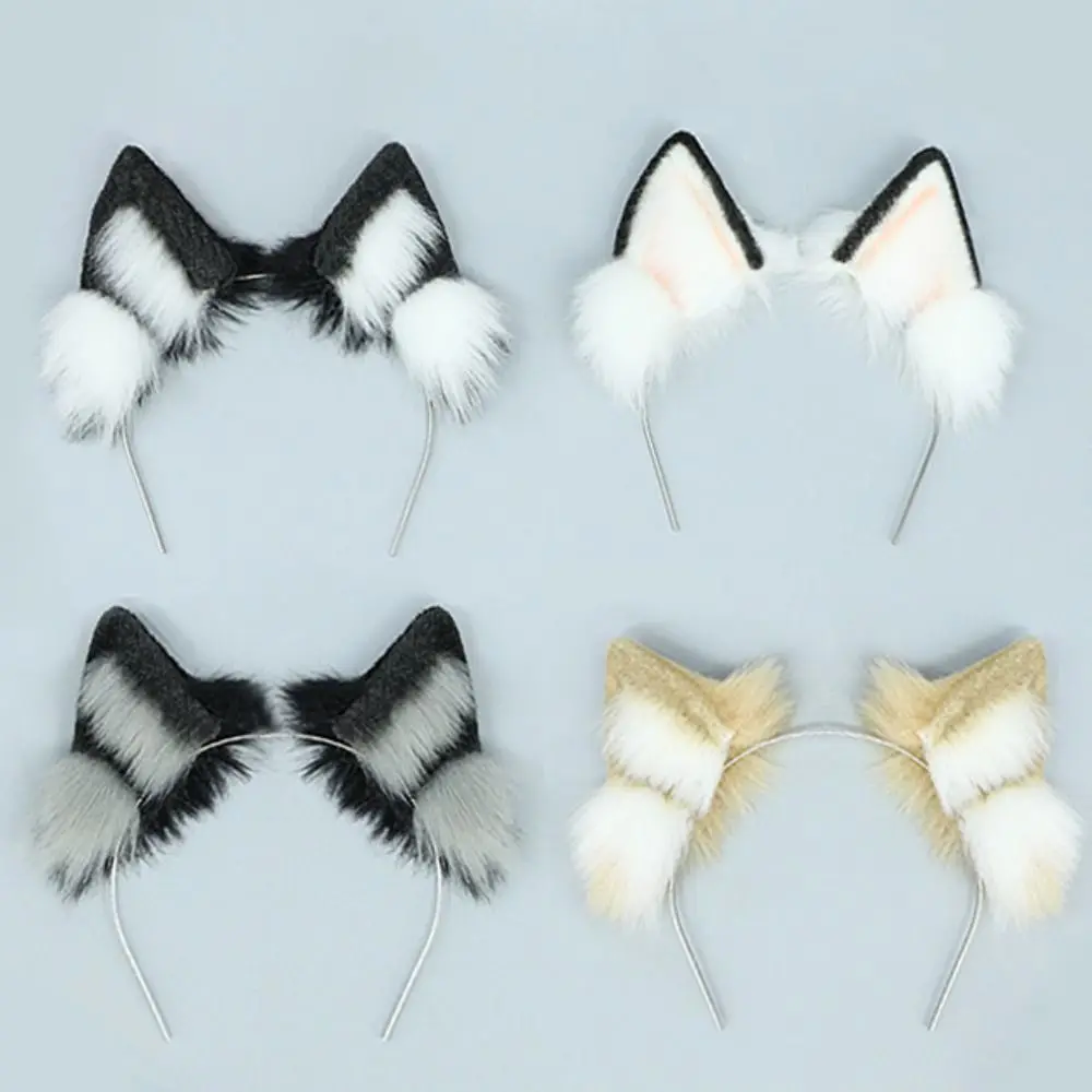 Hairband 20cm Plush Doll Headwear Ear Black White Cat Wolf Ears Idol Doll Headwear Cat Ear Soft Tails Headwear for Cotton Doll