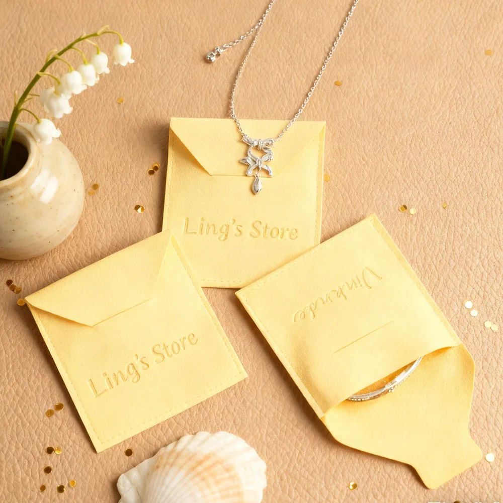 

100Pcs/Lot Custom Jewelry Envelope Bag Yellow Microfiber Velvet Sude Flannel Gift Pouch Box Insert Accessory Jewellery Storage