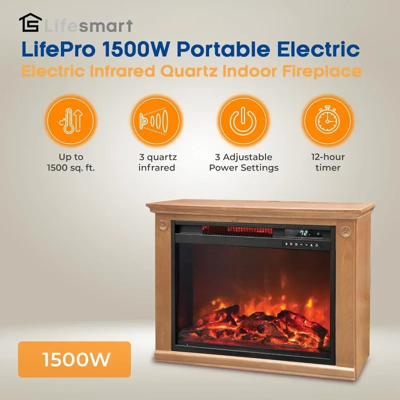 LifeSmart LifePro 1500 Watts Portable Electric Infrared Quartz Indoor Fireplace Heater with 3 Heating Elements,Remote and Wheels