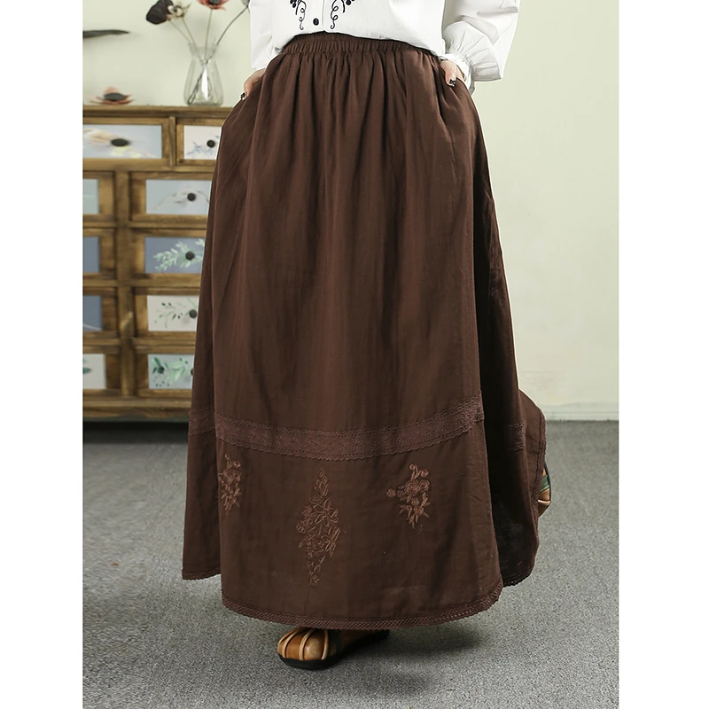 2026 New Arrival Spring/summer Casual Loose Cotton Linen A-line Skirt Floral Embroidery Ankle-length Skirts For Women Q139
