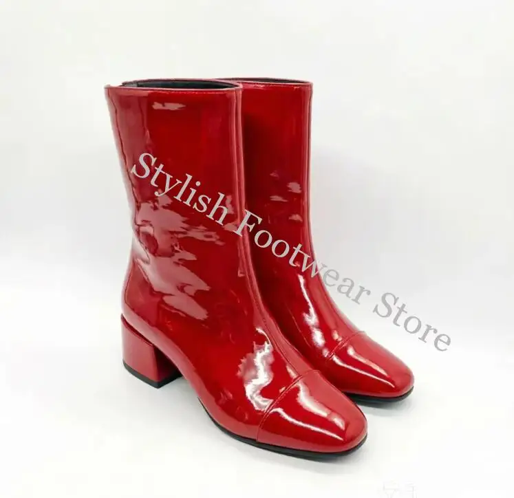 Solid Candy Color Patent Leather Ankle Boots Green Red Burgundy Woman Med Chunky Heel Short Boots Motorcycle Shoes