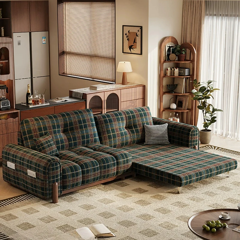 Canapé sectionnel en tissu avec chaise longue, canapé-lit rétro vert en bois, fauteuil en éponge, mobilier de salon pour appartement et maison
