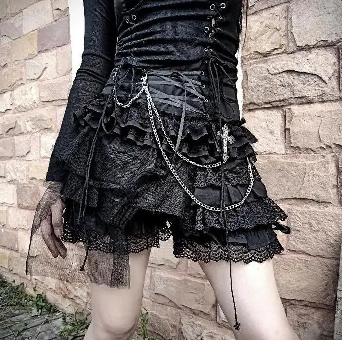 Ruibbit Gothic Lolita Style Sexy Lace Skirt Women Vintage A Line Fashion Design Cake Short Skirts High Waist Halloween Black