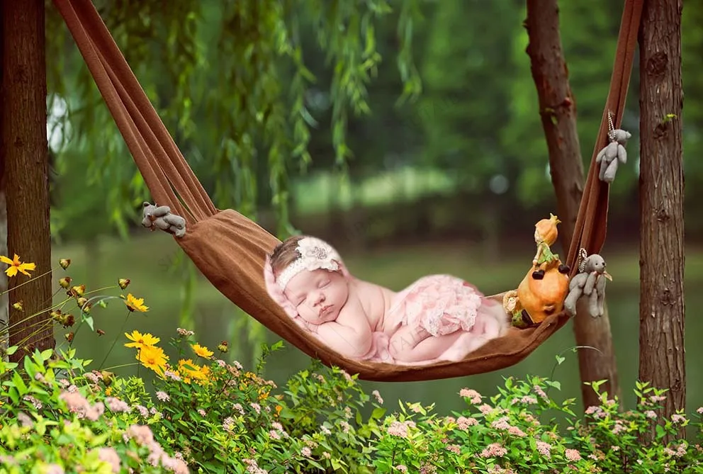 Green Forest Photography Background Spring Natural Scenery Yellow Flowers Decorate Room Prop Newborn Baby Cake Smash Photo Booth