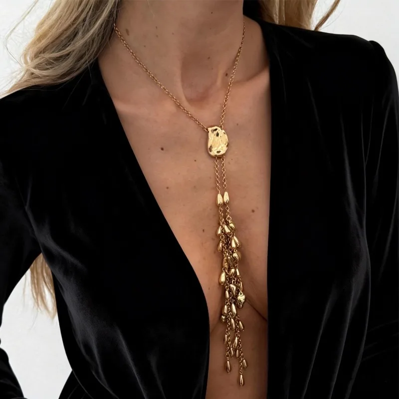 

Instagram vacation geometric pleated pendant necklace, women's retro long style water droplet fringe accessory