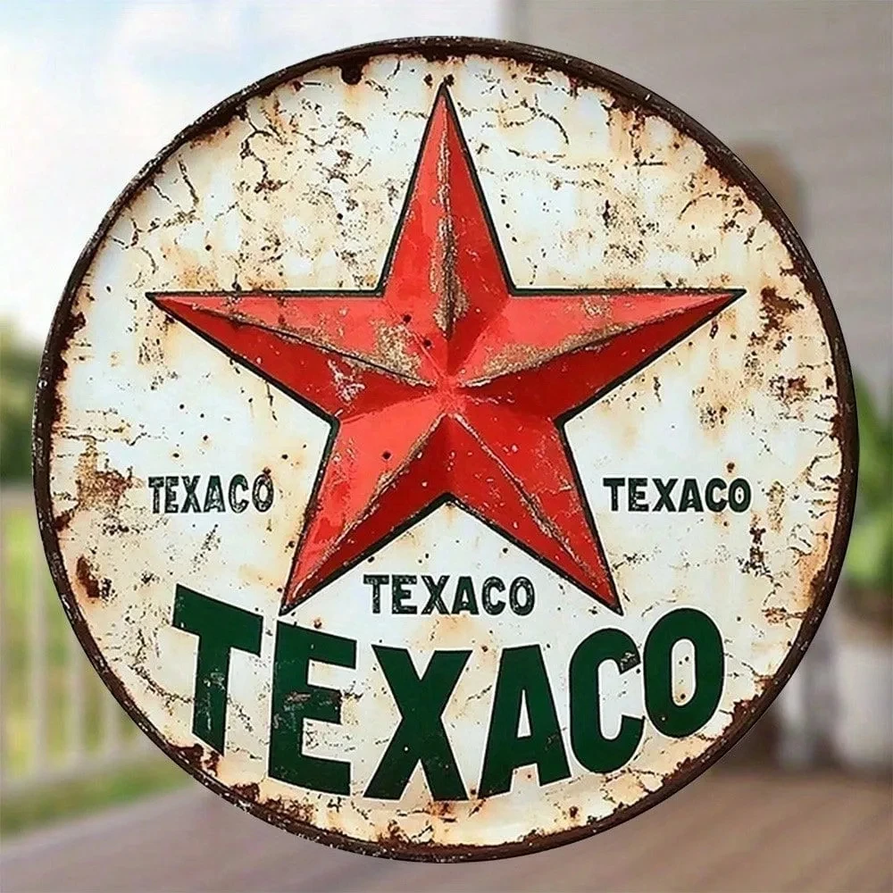 Vintage Texco Star-Shaped Logo, Distressed Round Metal Can Sign—2D Flat Product Design, Enhancing Depth and Artistic Details, Fea
