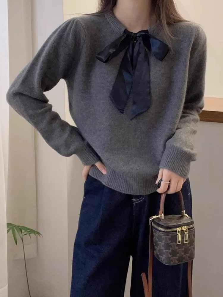 

Comfortable Woolen Knitted Sweater with Netie Design Long Sve Faionable Casual Commute Sle Women's round Ne Top