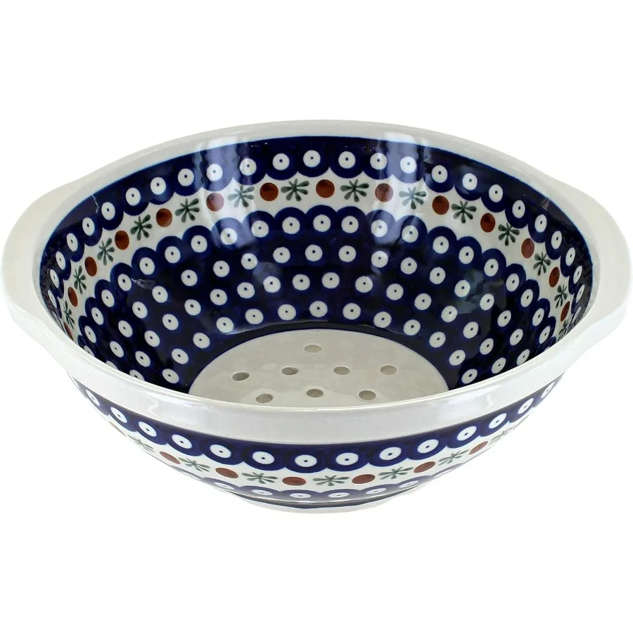

Polish Pottery - Blue Nature Colander - 9.5" Diameter - Hand-Painted Polish Pottery Ceramic Kitchen Strainer with Handles