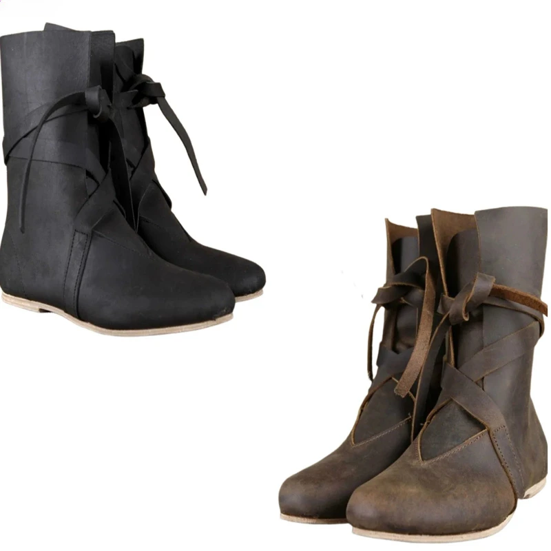 Medieval Shoes Men's Renaissance Boots Role Play Leather Boots Lace Up Vintage Stage Pirate Viking Leather Shoes Halloween Party