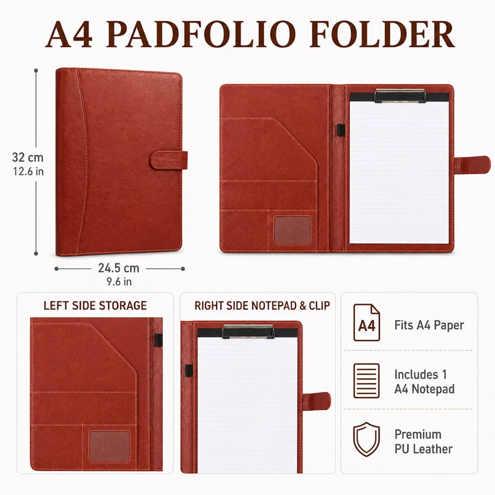 1-Pack A4 Leather Folder/Business Manager Folder, Magnetic Clasp Design, With Storage Function and Note Pad