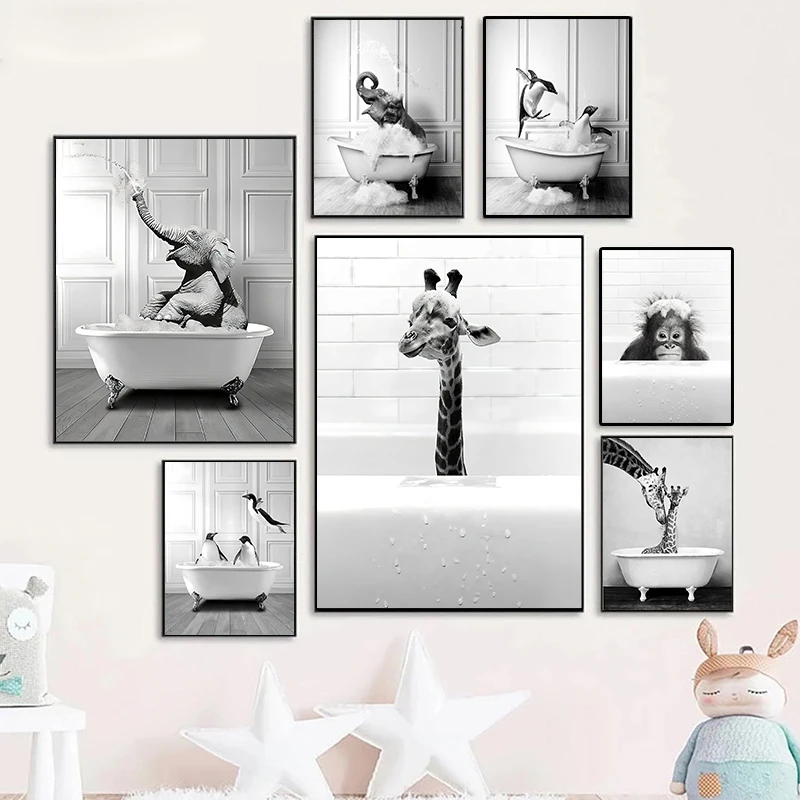 

Funny Animal Poster and Prints Bathroom Art Canvas Painting Giraffe Baby Elephant Bath Wall Art Pictures for Child Room Decor