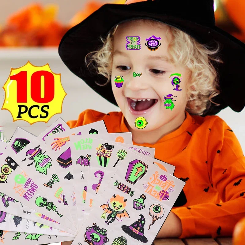 Luminous Children's Halloween Temporary Tattoo Stickers 10Pc Waterproof Pumpkin Night Glow Face Arm Body Art Fake Tattoo Sticker