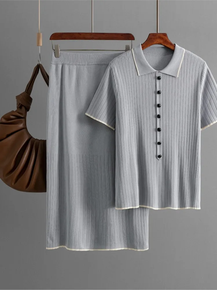 Casual Solid Polo Top Set per le donne Moda T-shirt a maniche corte + Gonne lunghe Set da 2 pezzi Lady 0ffice Vacanza Abbigliamento donna