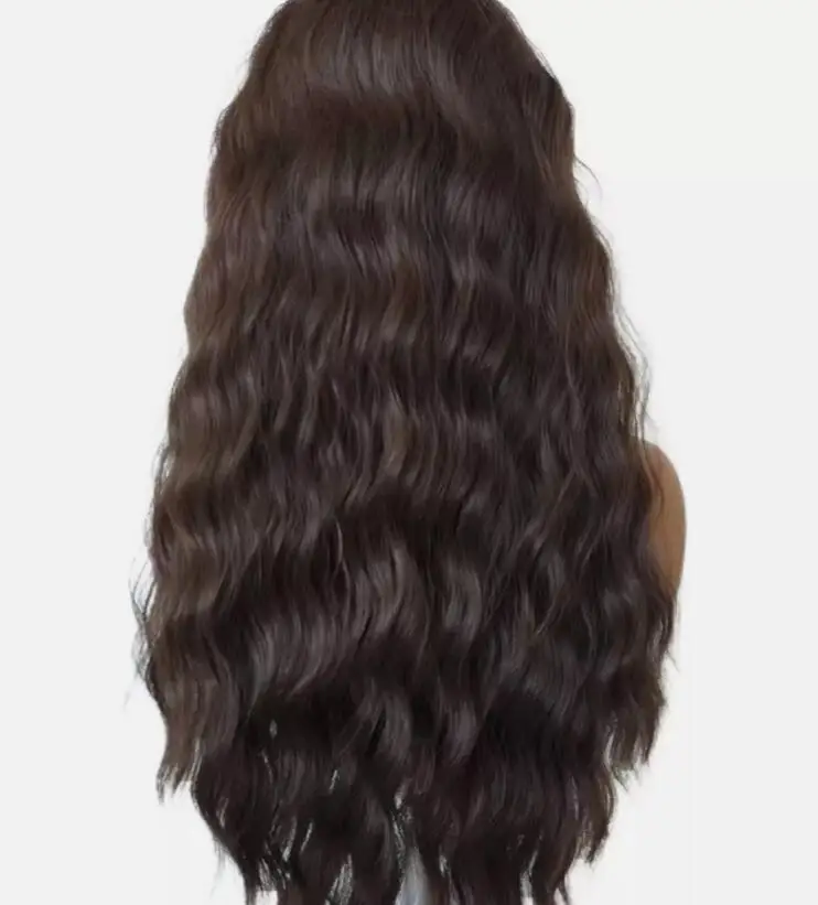 Synthetic Hair Long Wavy Glue Less Lace Front Wig Pre Plucked Dark brown Soft