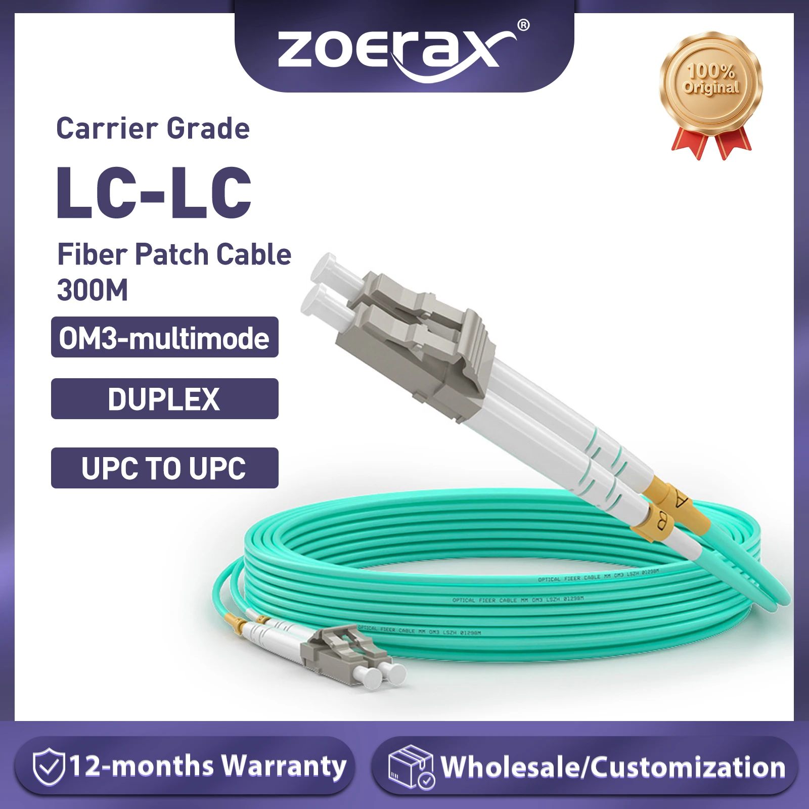 

ZoeRax OM3 Fiber Optic Patch Cable (Carrier grade) LC UPC to LC UPC Duplex 3.0mm 50/125μm 100Gbps Multimode Riser (LSZH)