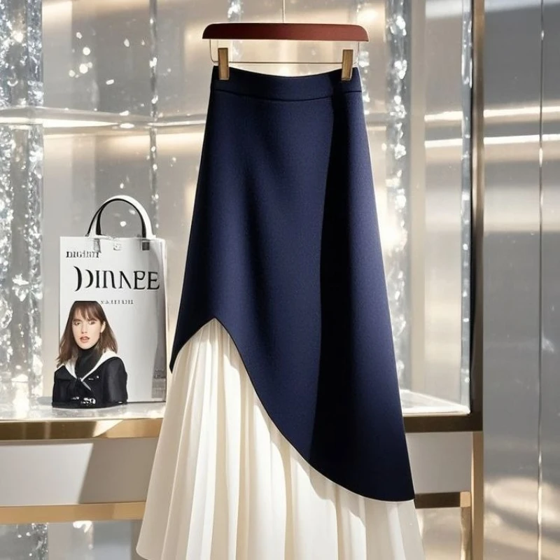 Elegant Office Lady Spring Slim Skirt High Waist Plus Size A Line Pencil Midi Skirt Women Pretty Lace Patchwork Pleated Skirt