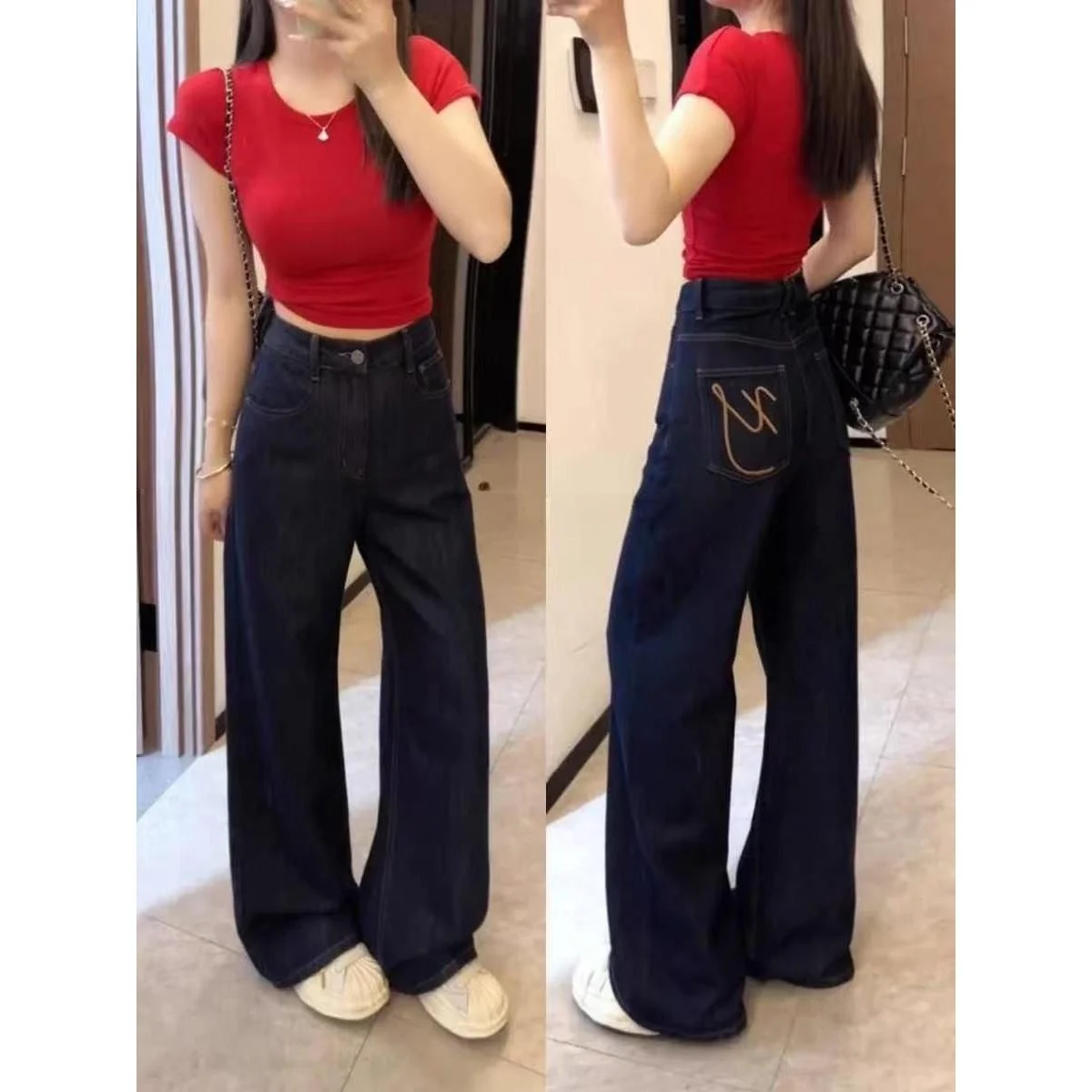 

Женские джинсы с высокой талией и широкими штанинами, новинка 2026 года, для фигуры типа «груша», больших размеров, универсальные, стройнящие, уникальный дизайн, длина в пол