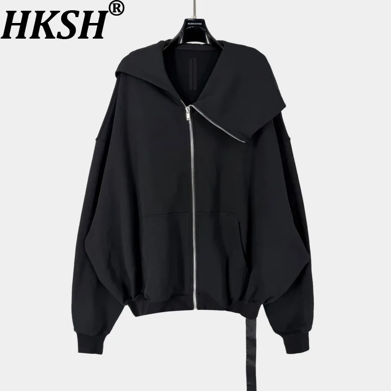 HKSH Spring Autumn New Women Sweatshirt Hooded Zipper Asymmetrical Collar Dark Chic Coat Couple Streetwear Trendy Jacket HK18338