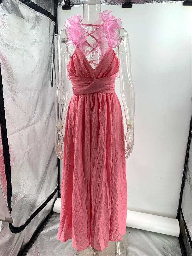 Summer Solid Color Strap Backless Homecoming Dress Sexy Pleated Hollow Out Party Gown French Style Cross Holiday Fairy Skirt