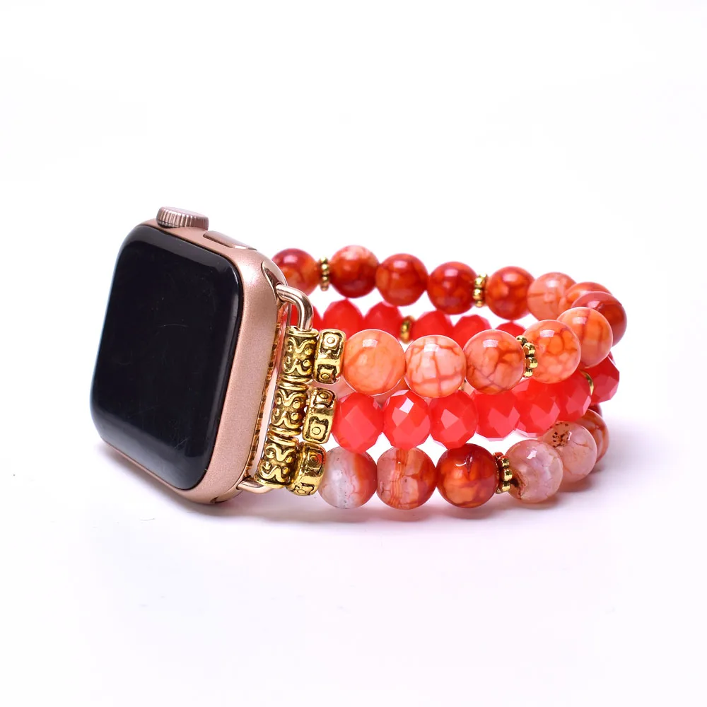 Orange Onyx Crystal Apple Watch Band 38mm 40mm 41mm 42mm 44mm 45mm Natural Stone Beaded Bracelet Strap for Iwatch Series 1-SE