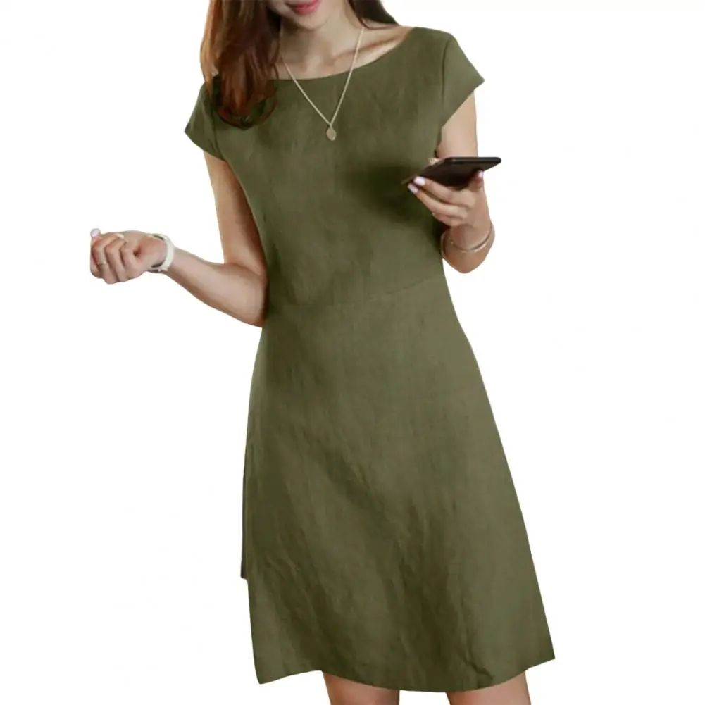 

Women O Neck Dress V-neck Back Zipper A-line Short Sleeve Slim Mini Dress