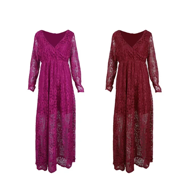 Maternity\'s Red Wine V-Neck Long Sleeve Photography Props Maxi Pregnancy Clothes Lace Dress Fancy Shooting Photo Pregnan