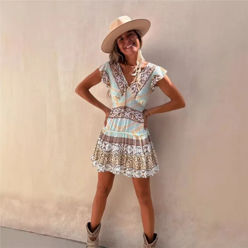 Ethnic Style Short Dress Summer 2024 New Women\'s V-neck Pullover Printed Flying Sleeves A-line Waist Cinched Women\'s Short Skirt