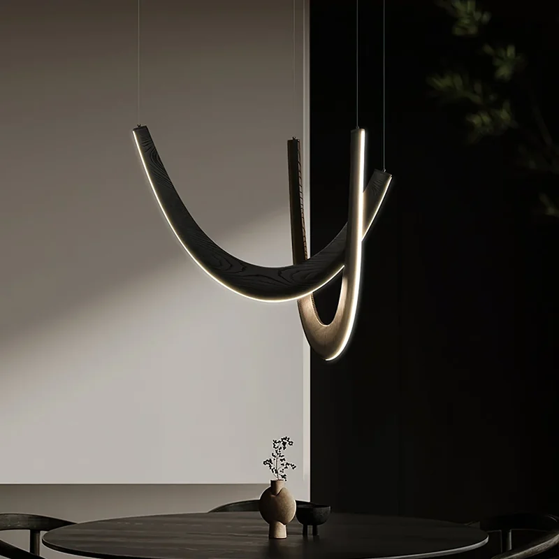 

U-shaped Wooden LED Pendant Lights Modern Black Solid Wood Hanging Lamp for Dining Room Kitchen Island Creative Lighting Fixture