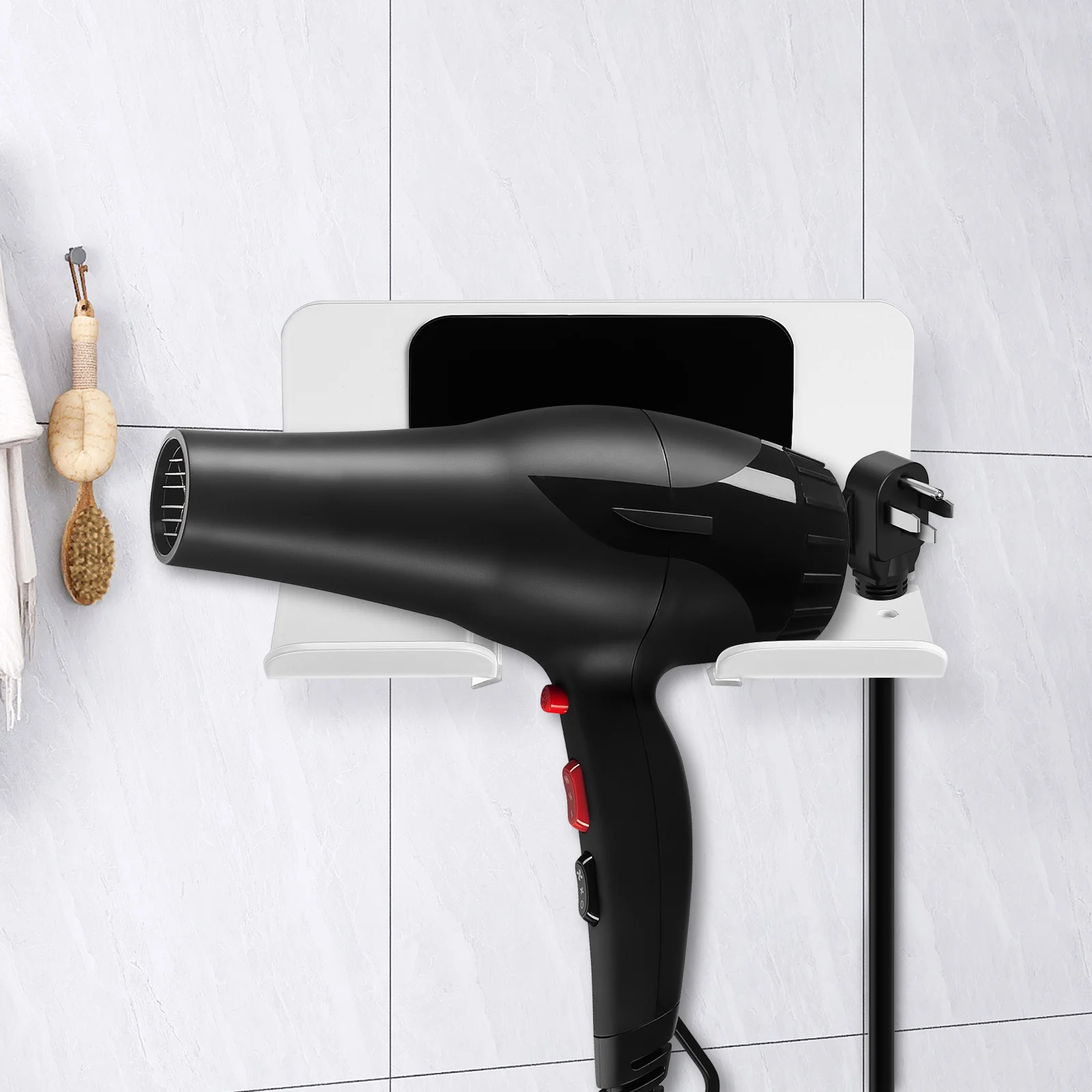 

Aluminum Wall Mounted Hair Dryer Holder Bathroom Styling Tools Organizer Space Saving Easy Install Modern Design