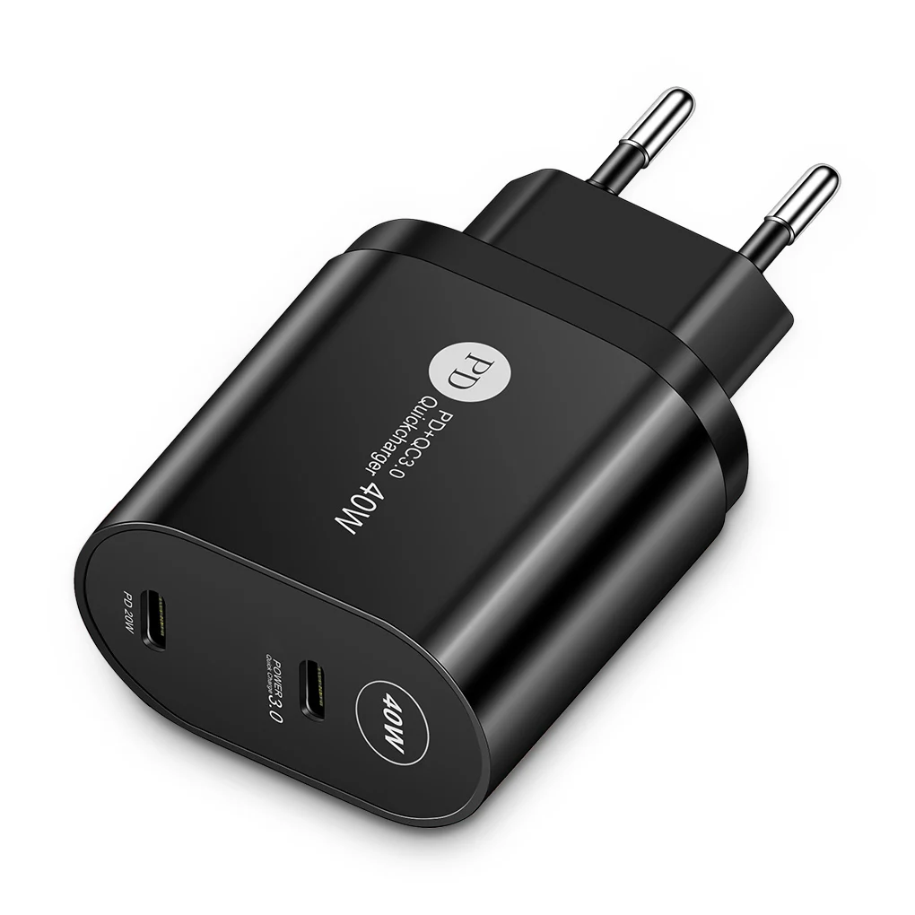 Phone Charging Adapter PD40W Dual Ports QC 3.0 Quick Charging Head Portable Universal Mobile Charger, EU Plug, Black