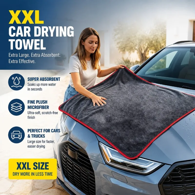 XXL Extra Large Microfiber Car Drying Towel - Gray Fine Plush Cloth, High Water Absorption for Cars and Trucks