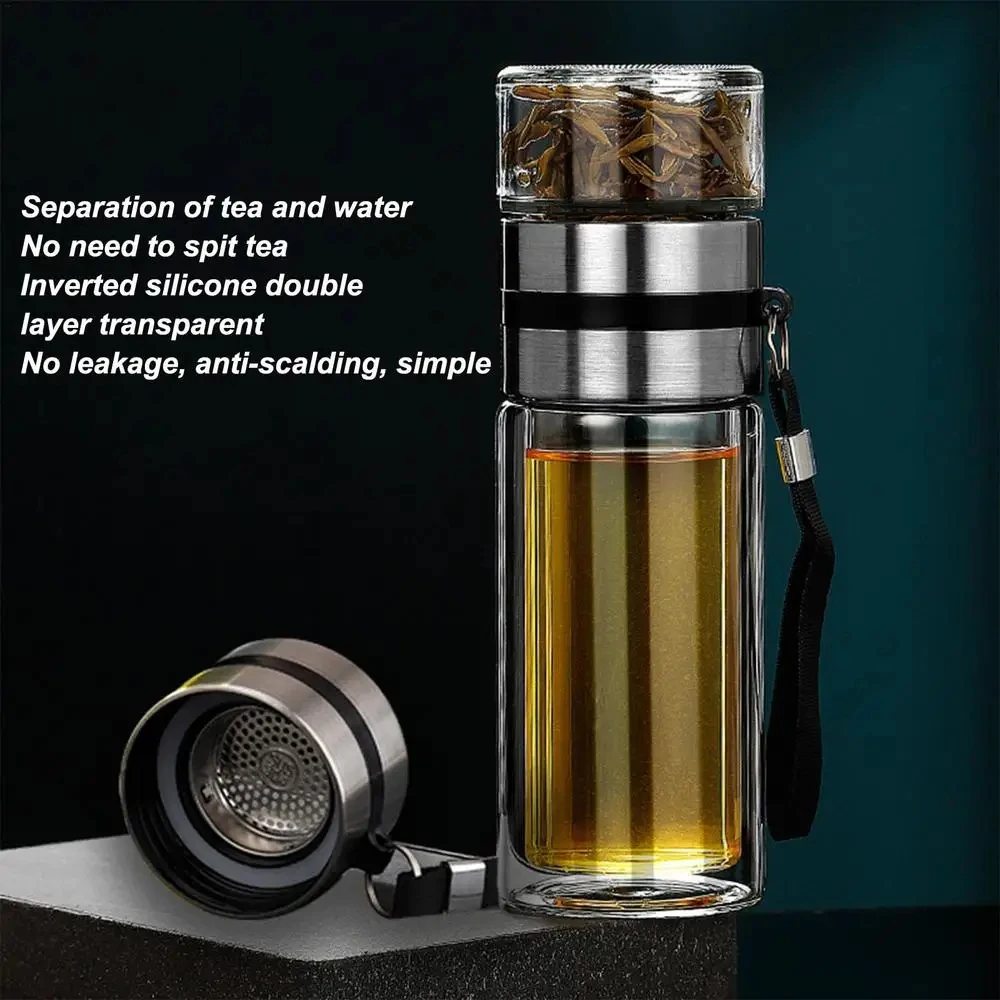 Glas-Teeinfusor-Flasche Auslaufsicherer Reisebecher Doppelwandige Teetasse Tragbare Teeinfusor-Wasserflasche, Wasser-Tee-Trennflasche – Detail 6