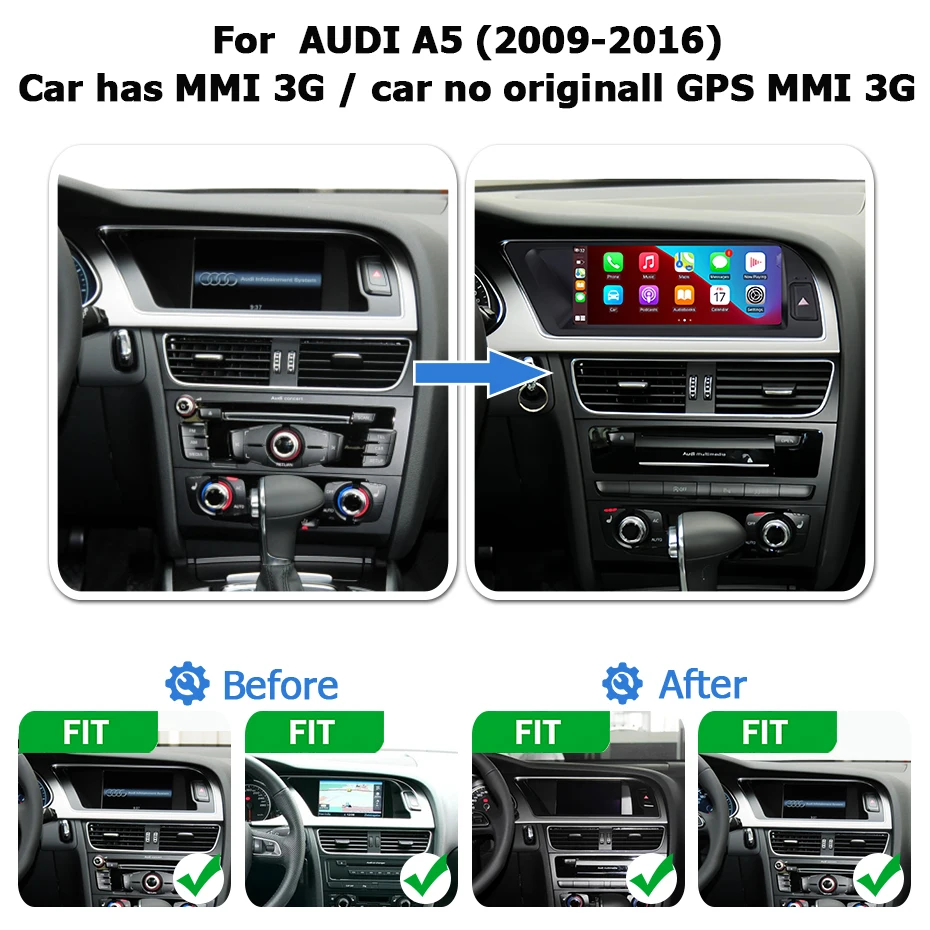 8,8' Linux Multimedia-Bildschirm, kabelloses CarPlay, Android Auto, Autoradio für Audi A5 2009-2016, AutoLink, AirPlay, Bluetooth, Navigation – Detail 1
