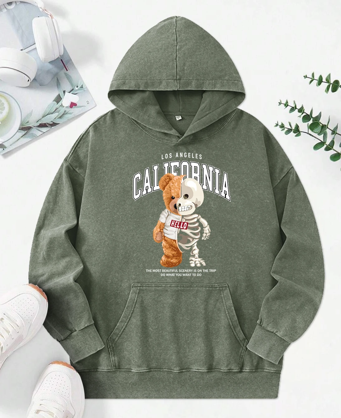 Skeleton Bear Los Angeles Letter Print Washed Hoodies All-Match Cotton Pullover Fashion Loose Hoody Hip Hop Soft Clothes